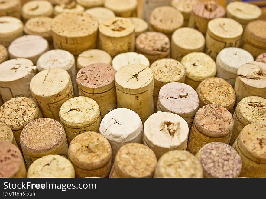 A closeup, detailed view on a stoppers from wine bottles.