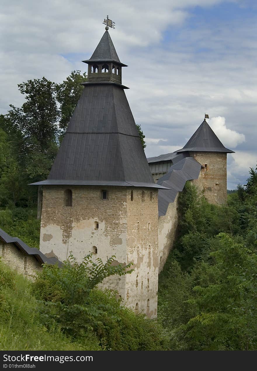 Stone walls and  towers of ancient castle