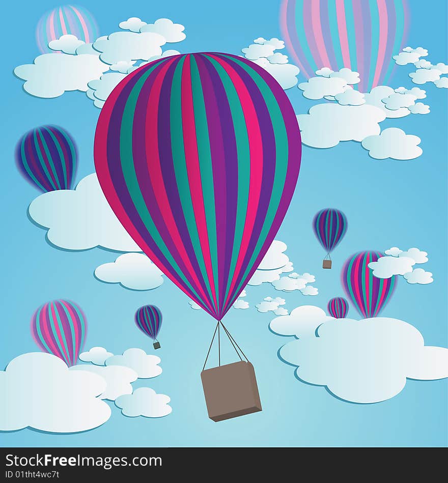 Colorful hot air balloons against a blue gradient sky with cartoon clouds.