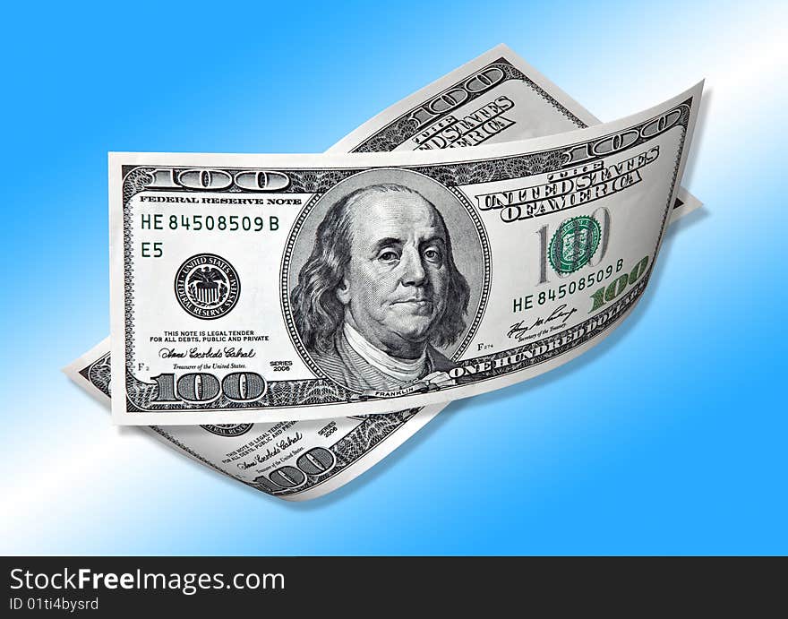 One Hundred Dollars On Blue Background