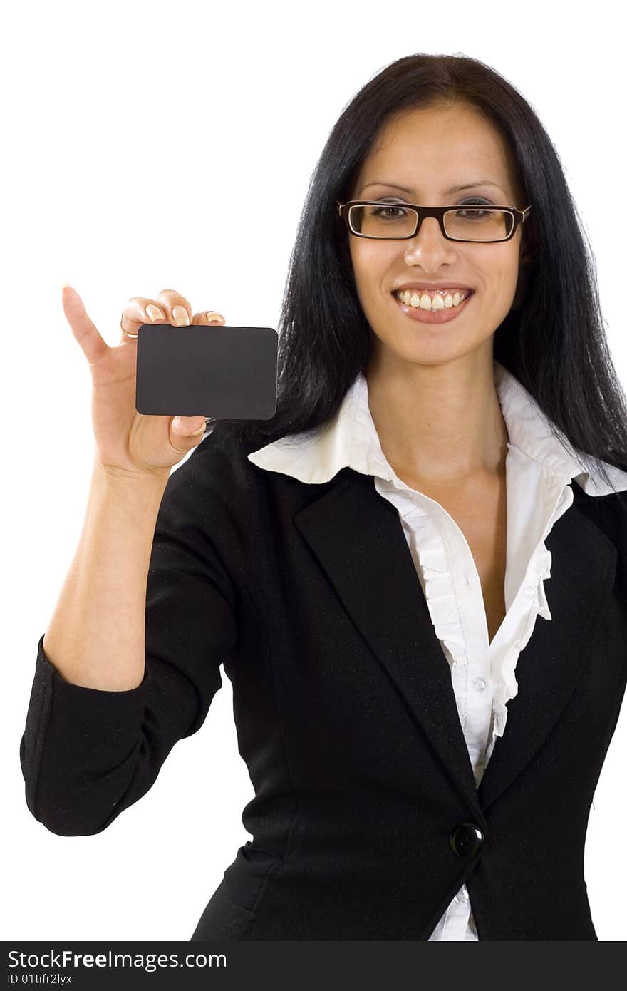 Businesswoman holding a blank card