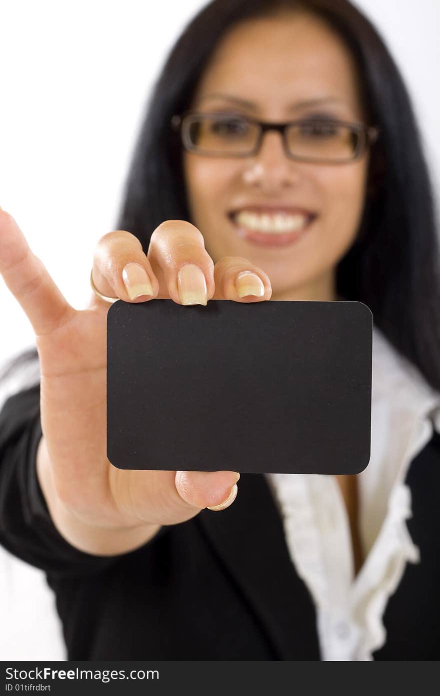 Closeup of an attractive businesswoman holding a blank card