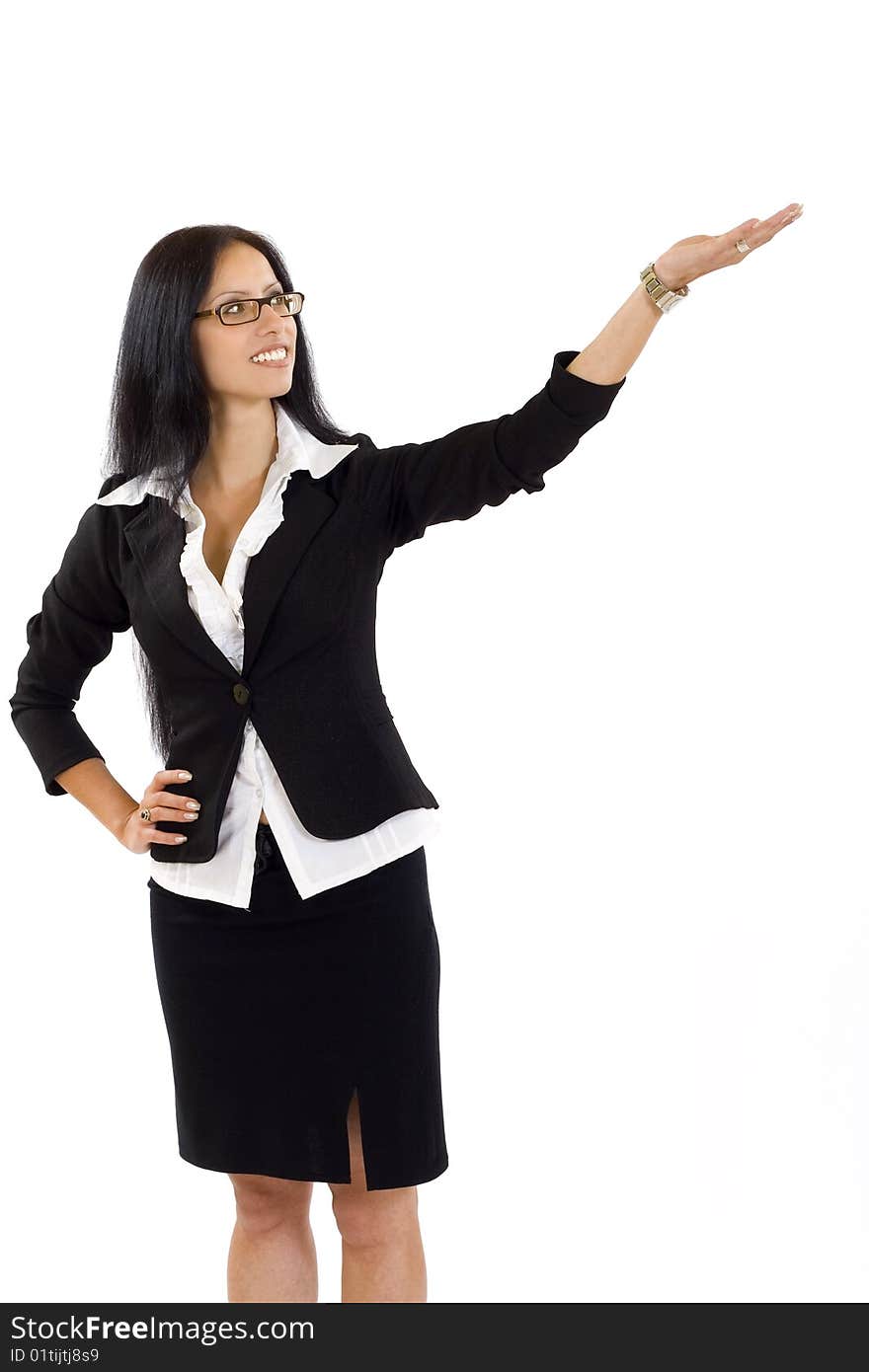 Attractive businesswoman presenting something over shoulder