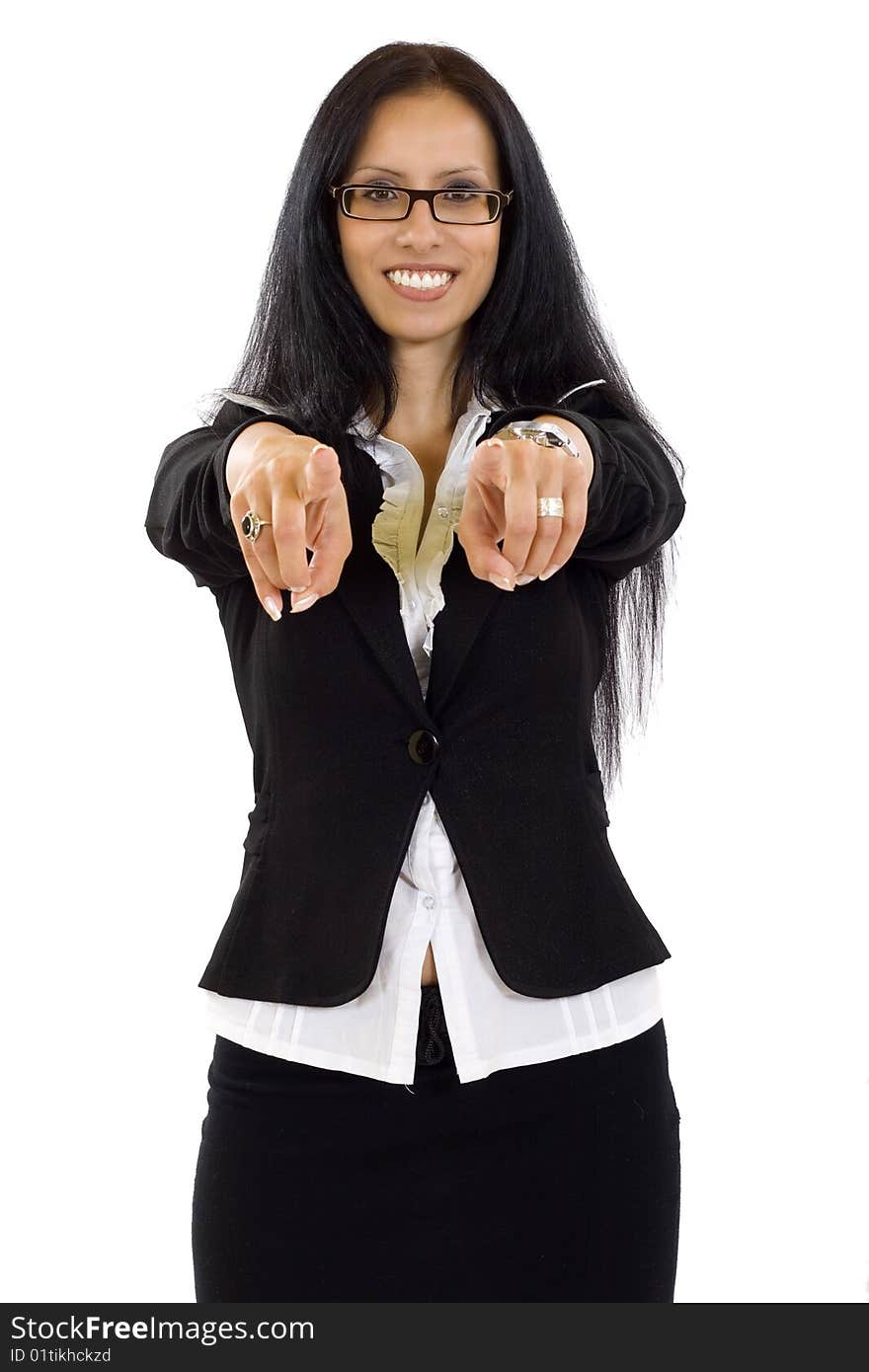 Attractive businesswoman pointing to you with both hands. Attractive businesswoman pointing to you with both hands