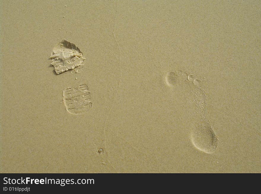 These are footprints of in the sand on a beach; the footprints do not match each other. These are footprints of in the sand on a beach; the footprints do not match each other