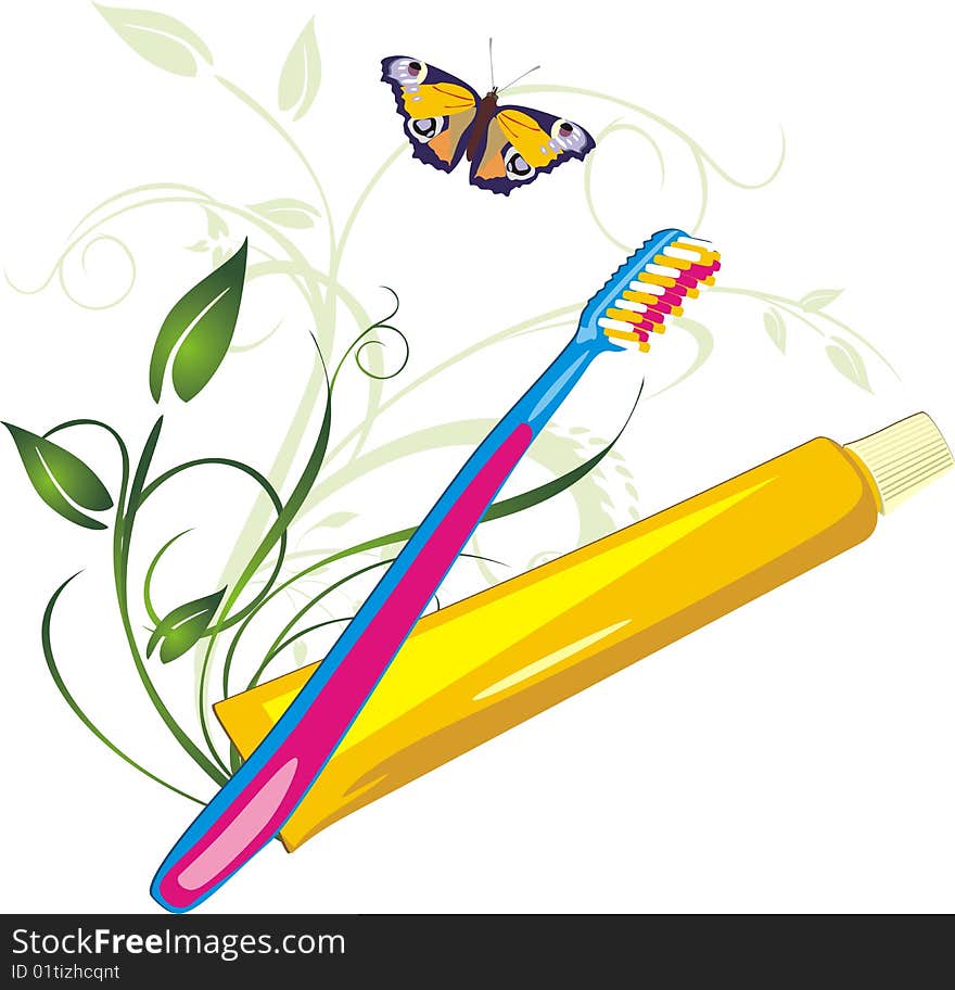 Sprig with butterfly, tooth brush and paste