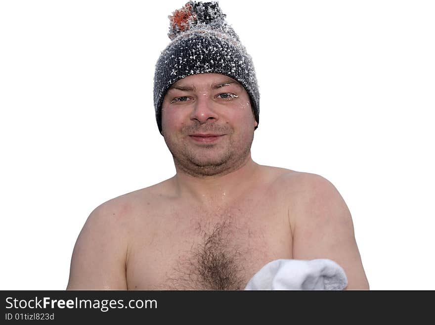 Portrait of man after winter swimming on white background