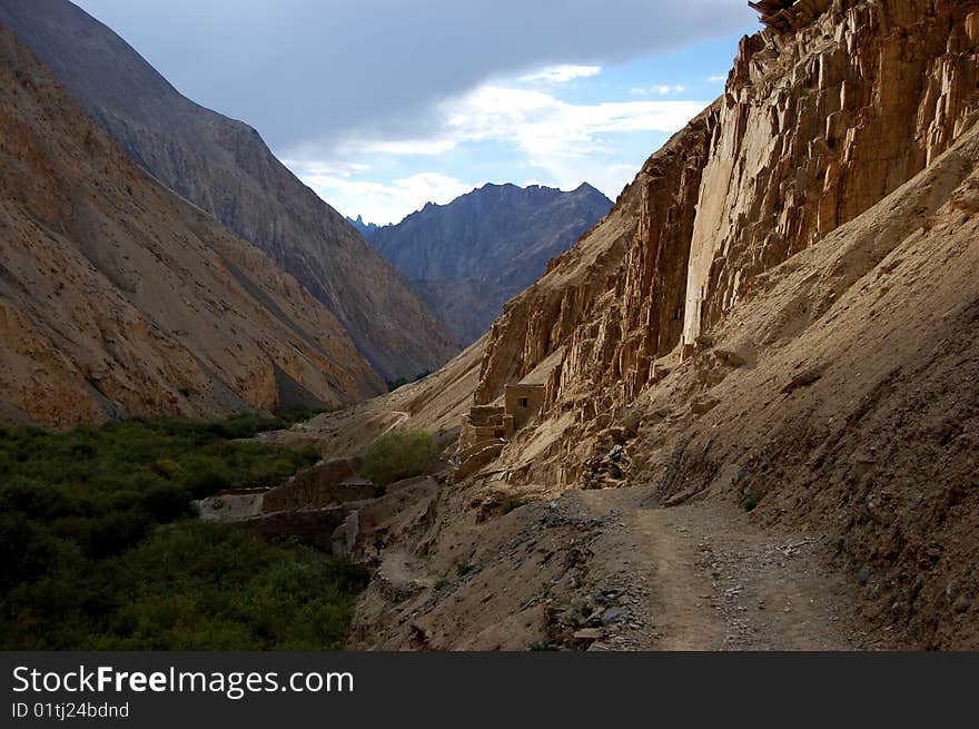 A path leading though Ladakh valley in Indian Himalaya. Ladakh, India. A path leading though Ladakh valley in Indian Himalaya. Ladakh, India