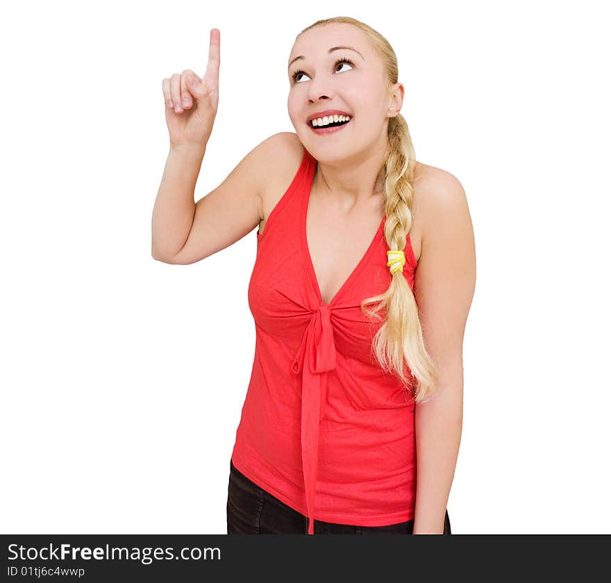 Smiling Woman Pointing Towards Copyspace