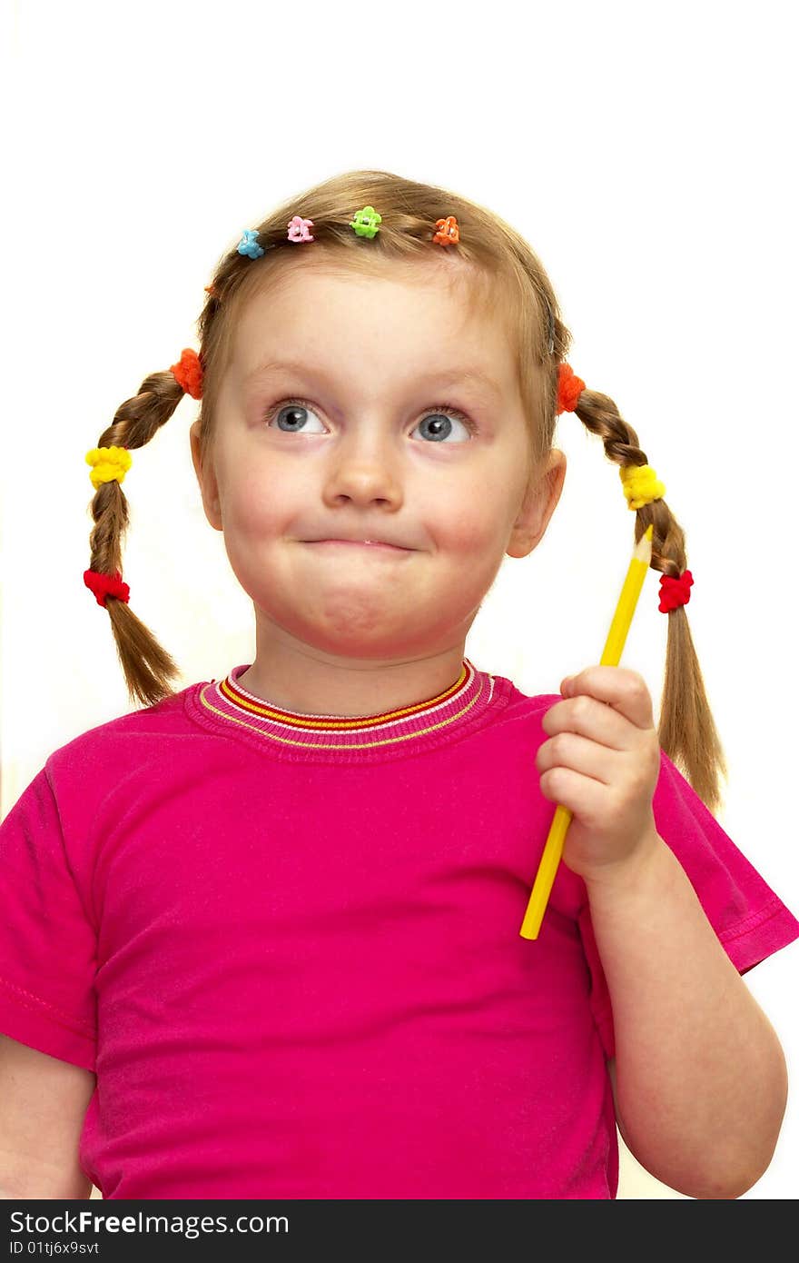 Funny smiling little girl portrait over white background. Funny smiling little girl portrait over white background