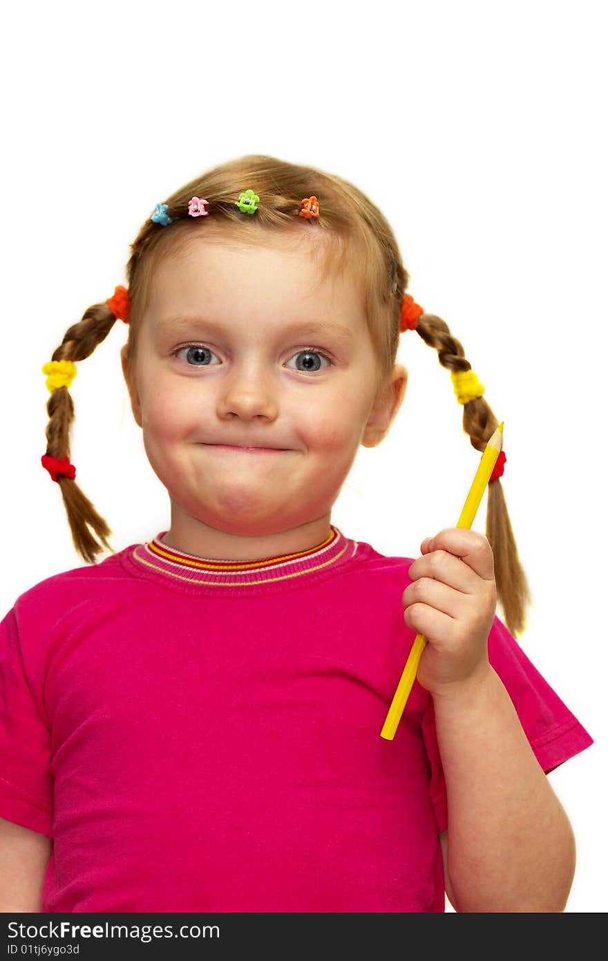 Funny smiling little girl portrait over white background. Funny smiling little girl portrait over white background