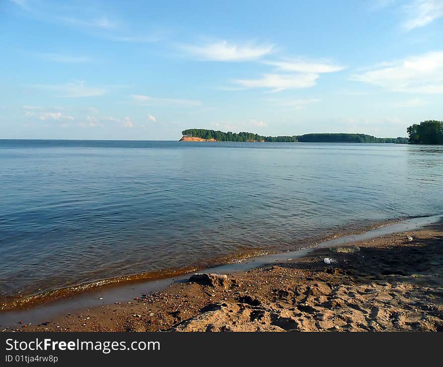 Summer landscape on river, sandy coast. Summer landscape on river, sandy coast