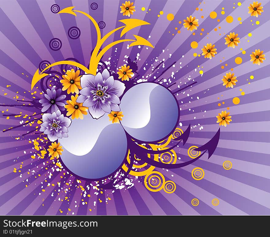 Abstract design with purple and yellow flowers on grunge background, vector, illustration. Abstract design with purple and yellow flowers on grunge background, vector, illustration