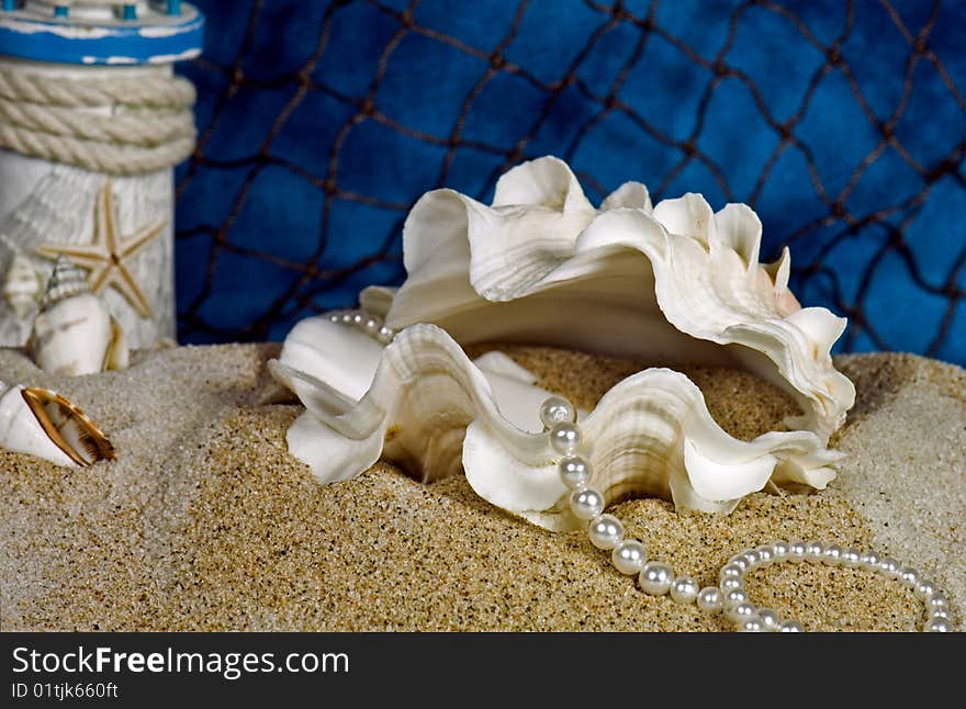 String of pearls in a fancy clam shell. String of pearls in a fancy clam shell.