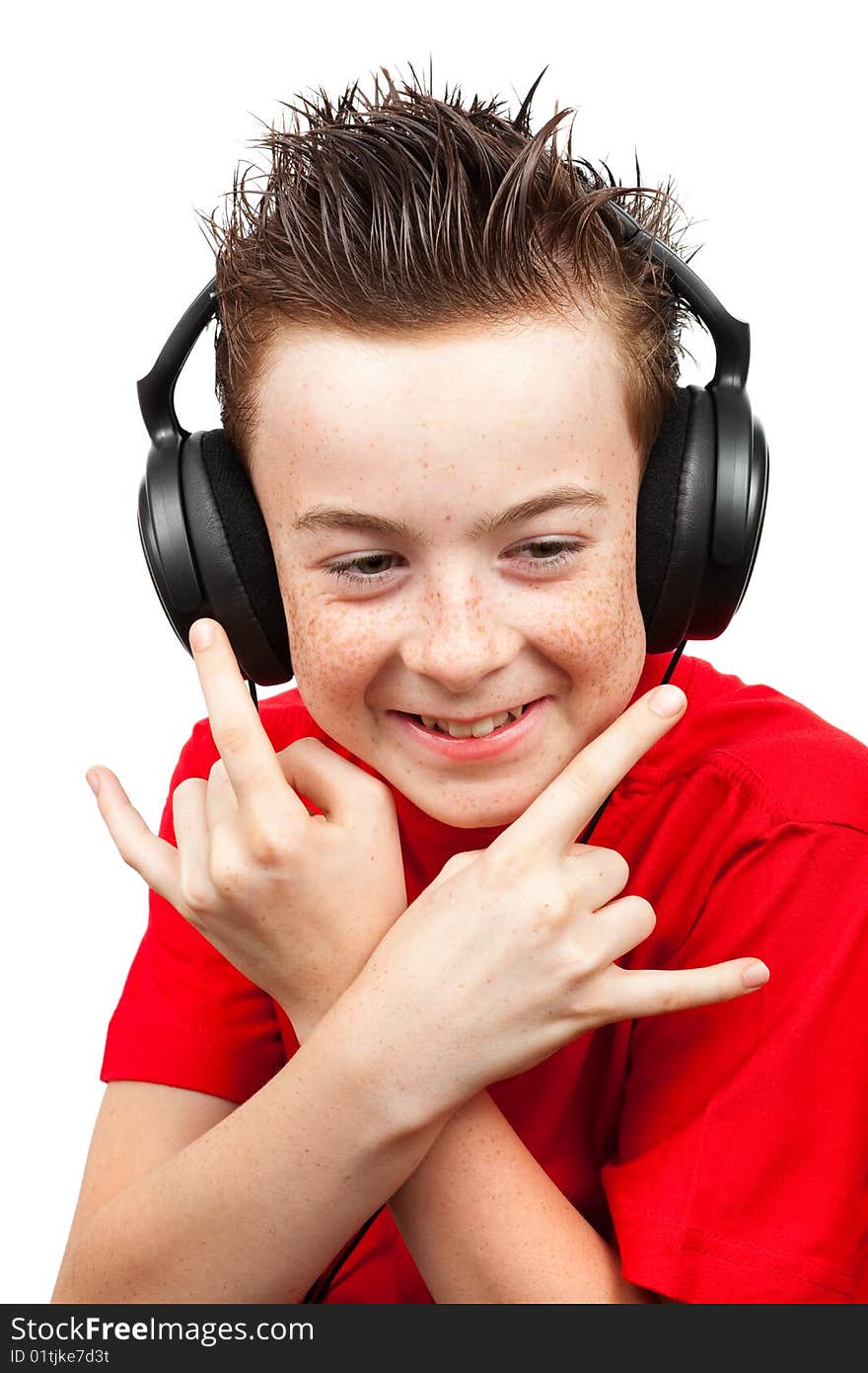 Boy with freckle and headphones on a white background