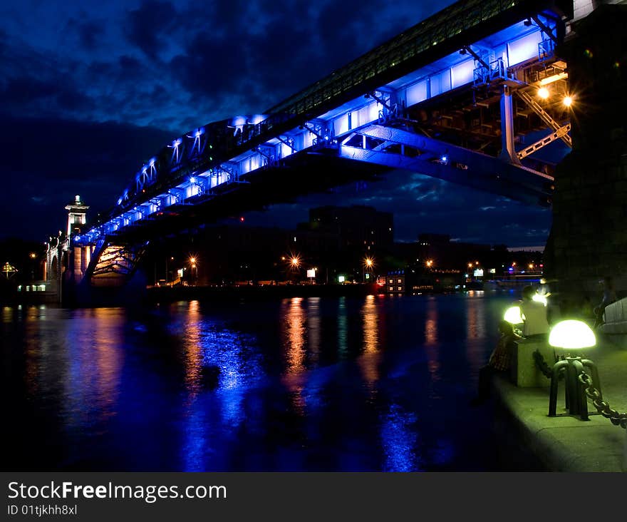 Night Sight of Andreyevsky bridge in Moscow. It was railway bridge before, but now it is reconstructed as a pedestrian.