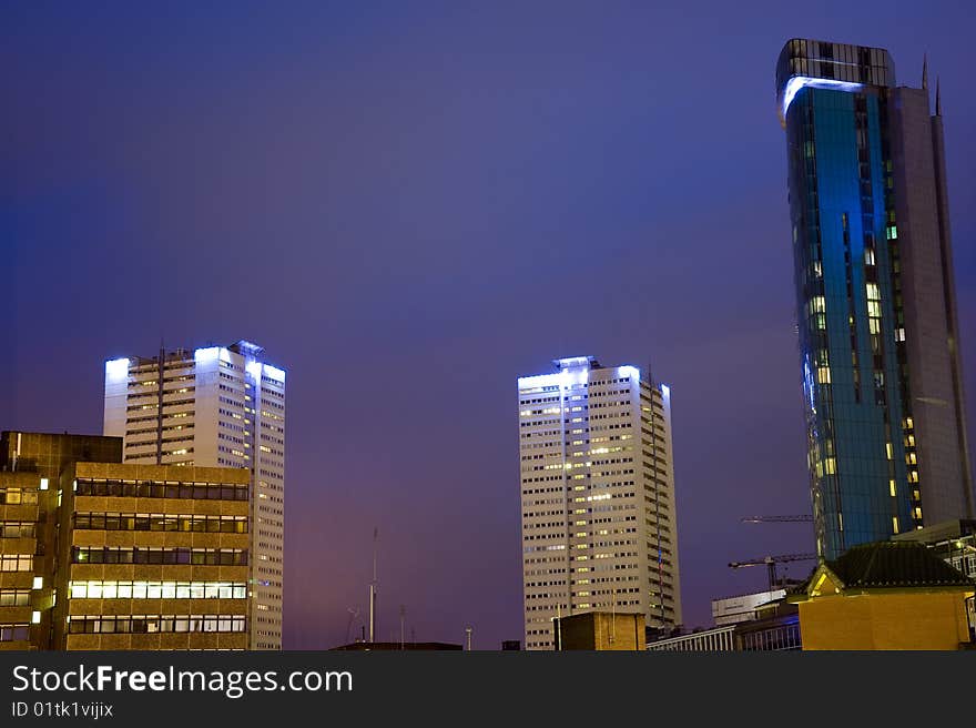 Modern skyscrapers at twilight in birmingham