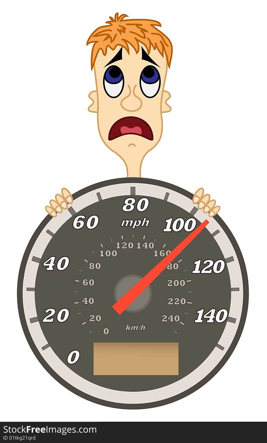 Speedometer with scared man. Isolated on white.