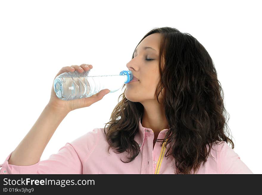 Young woman drinks water, isolated over white. Young woman drinks water, isolated over white