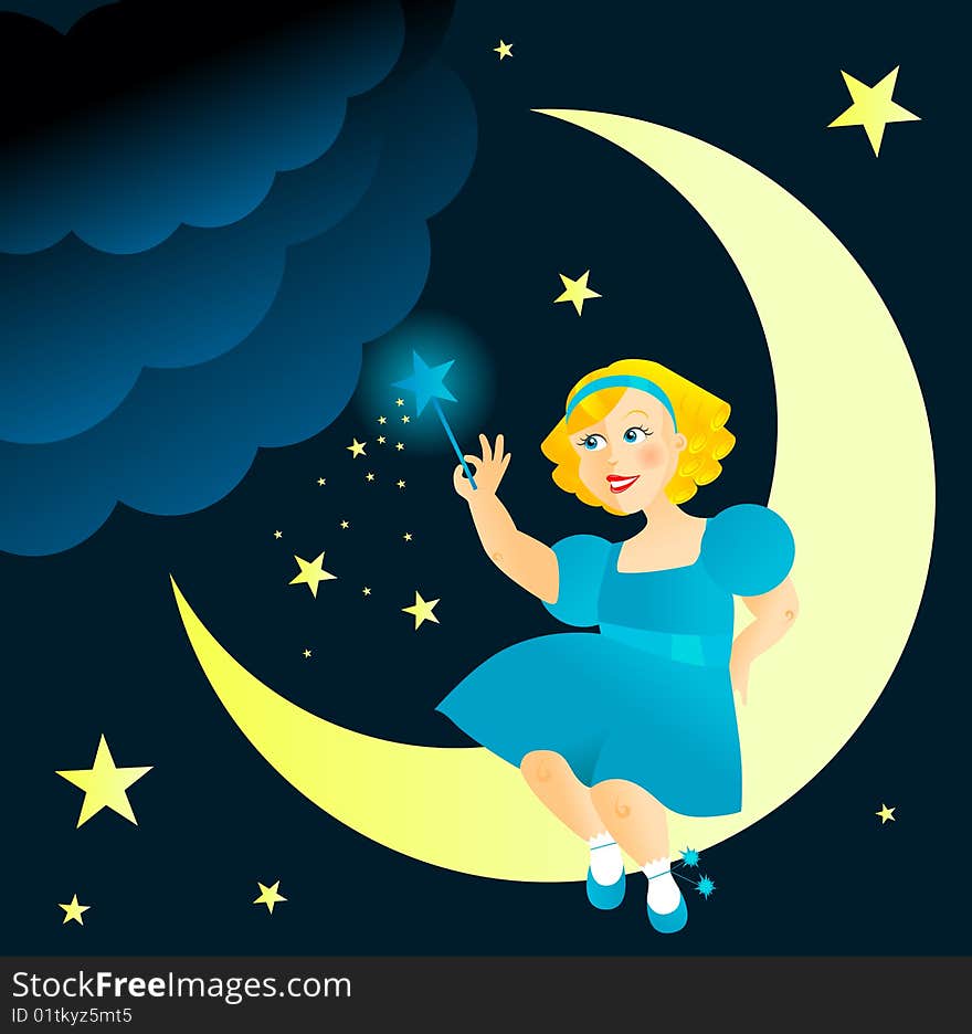 Fairy girl on the moon with stars