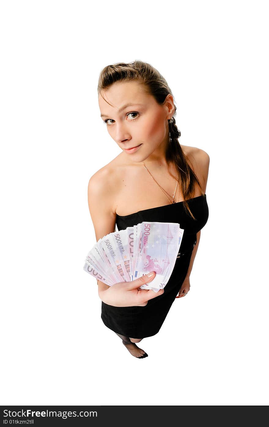 Beautiful woman with money isolated on white