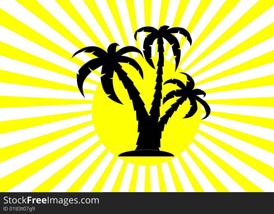 We have three palm trees against the yellow sun