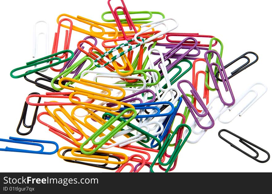 Color Paper Clips To Background. Isolated On White