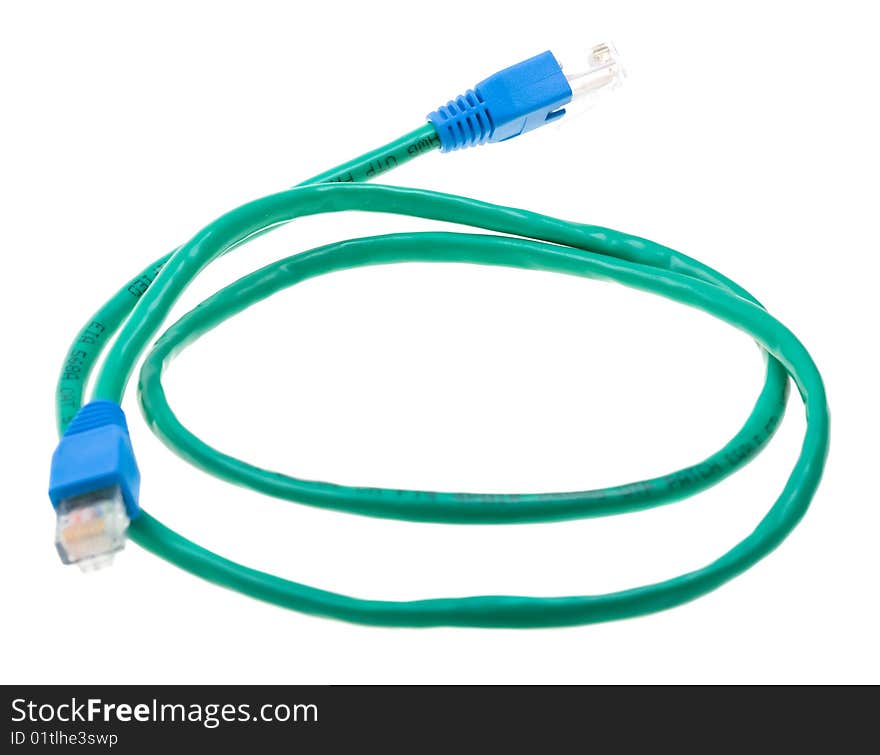 Green ethernet pach cord isolated on white background