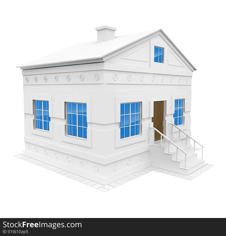 White house with blue windows - 3d illustration