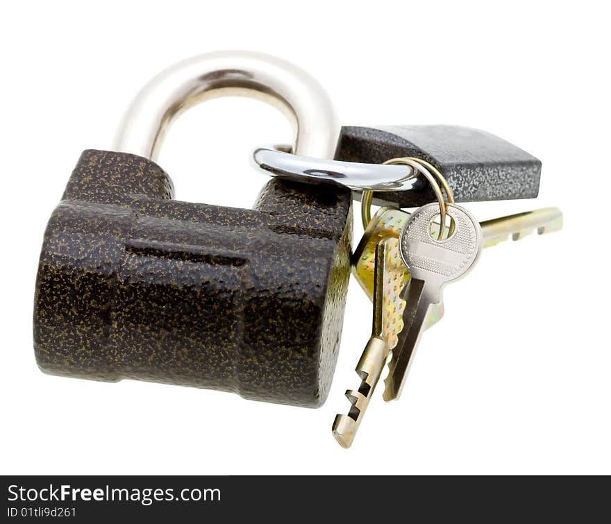 Two padlocks and keys isolated on white