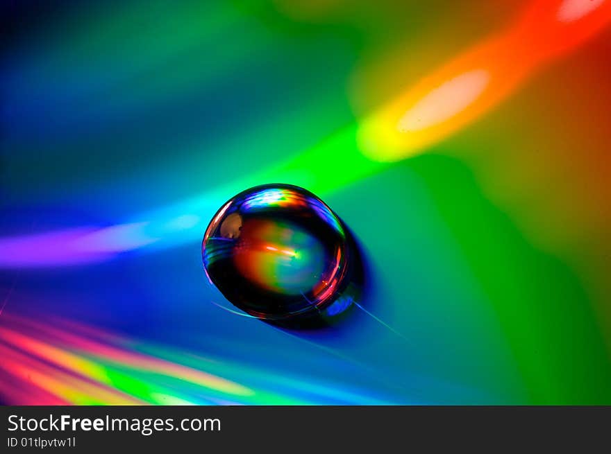 A water droplet on a compact disk. A water droplet on a compact disk