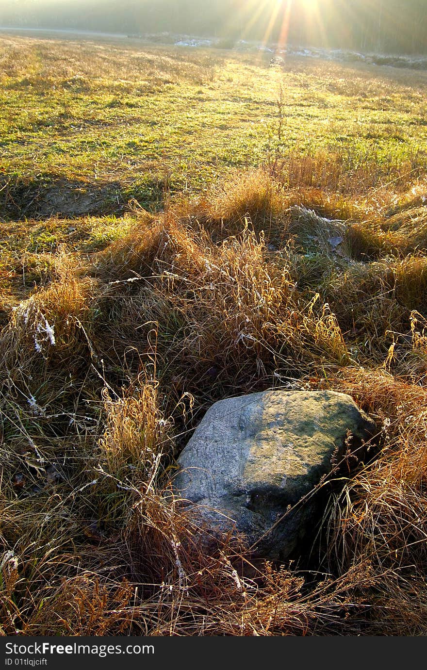 Stone on meadow and sunbeam