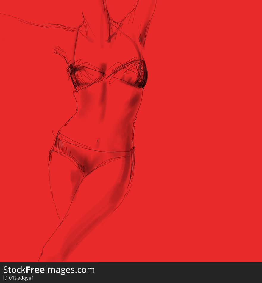 Hand sketch of woman in swimsuit on red background