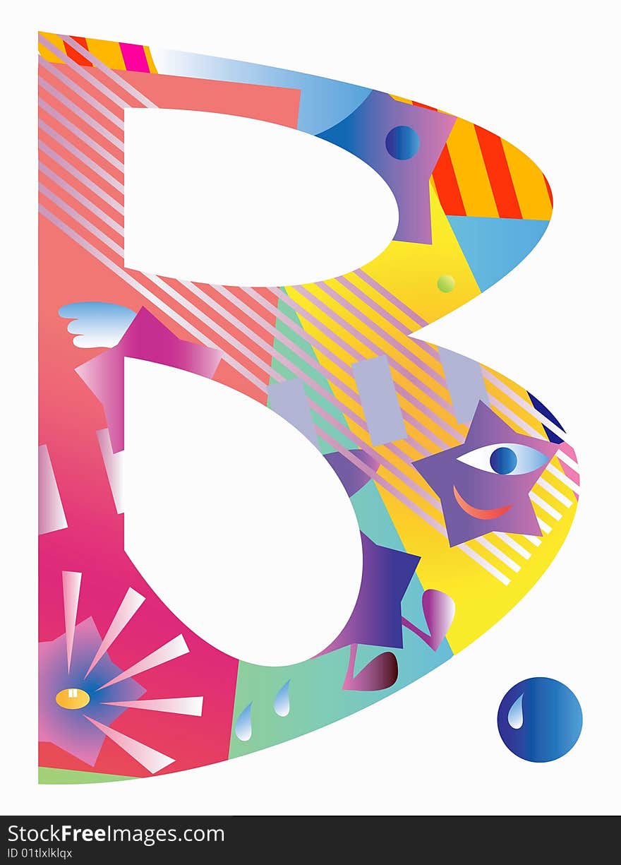 Letter B abstract capital filled with different shapes and object. Letter B abstract capital filled with different shapes and object.