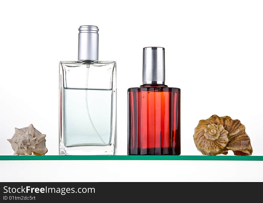 Aftershave bottles with shell decoration. Aftershave bottles with shell decoration