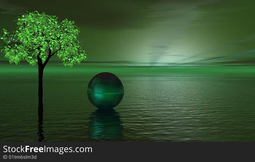 Green landscape with a tree and a ball.