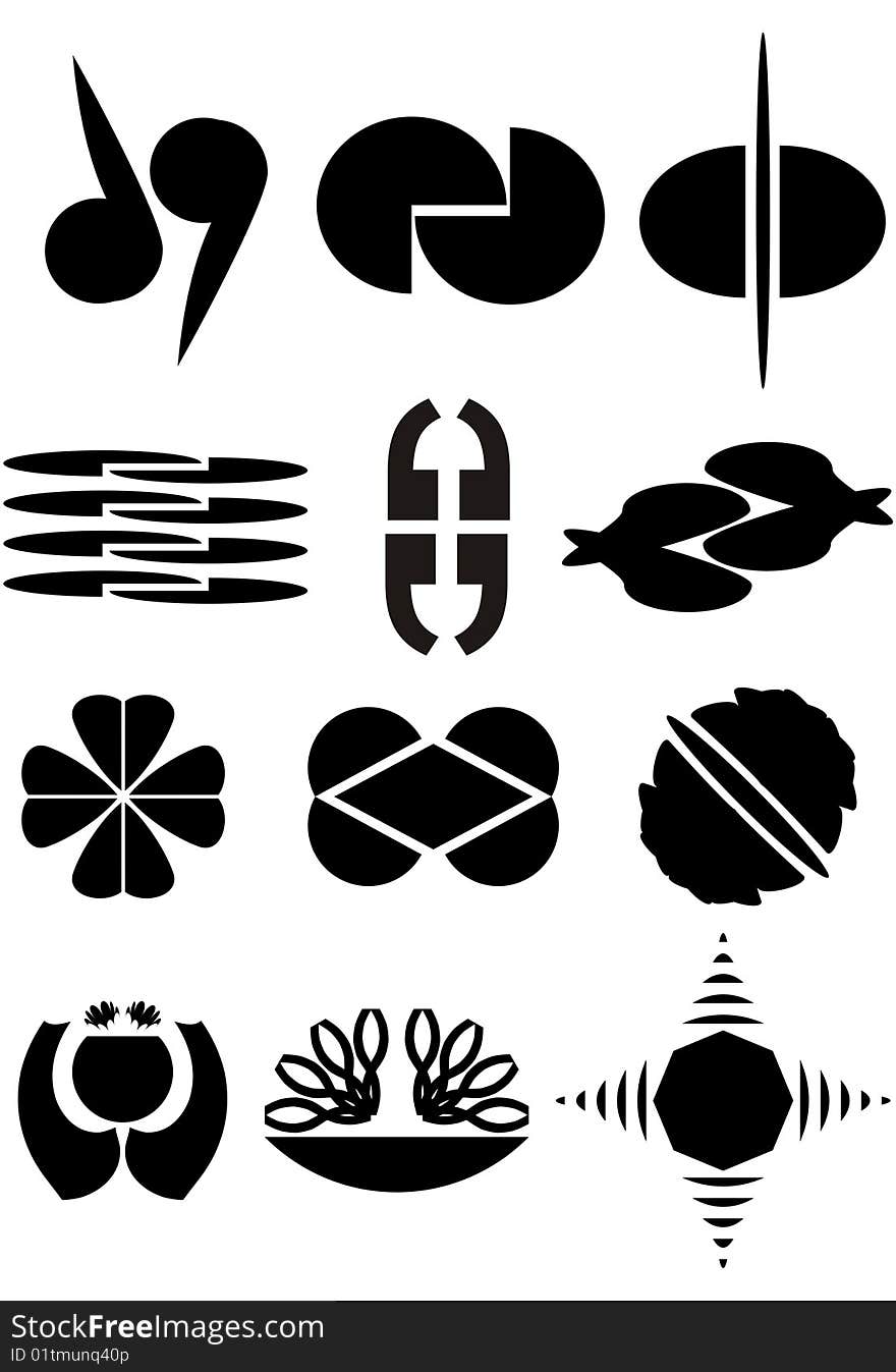 Examples for emblems, a black contour on a white background. Examples for emblems, a black contour on a white background