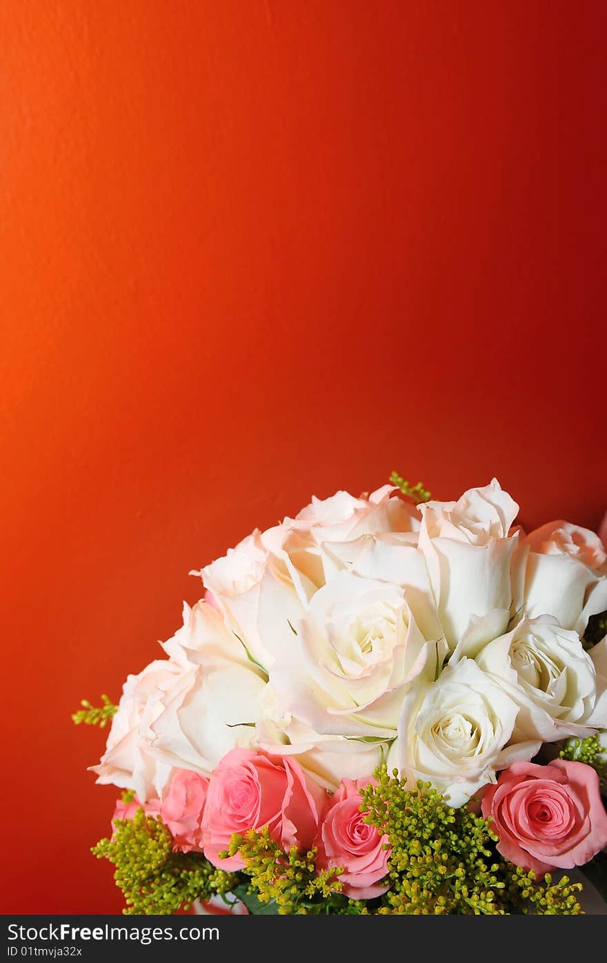 A bunch of white and pink roses against a red wall