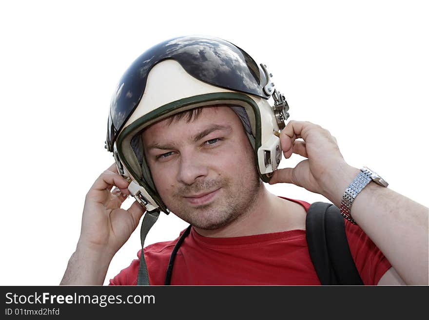 Helicopter pilot poses on the white background. Helicopter pilot poses on the white background