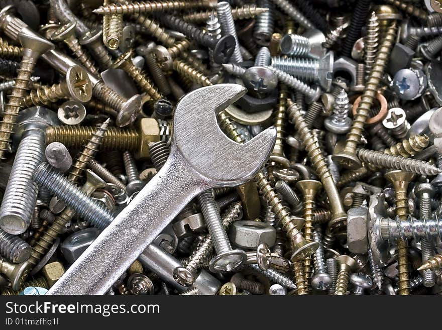 Spanner, nuts and bolts closeup