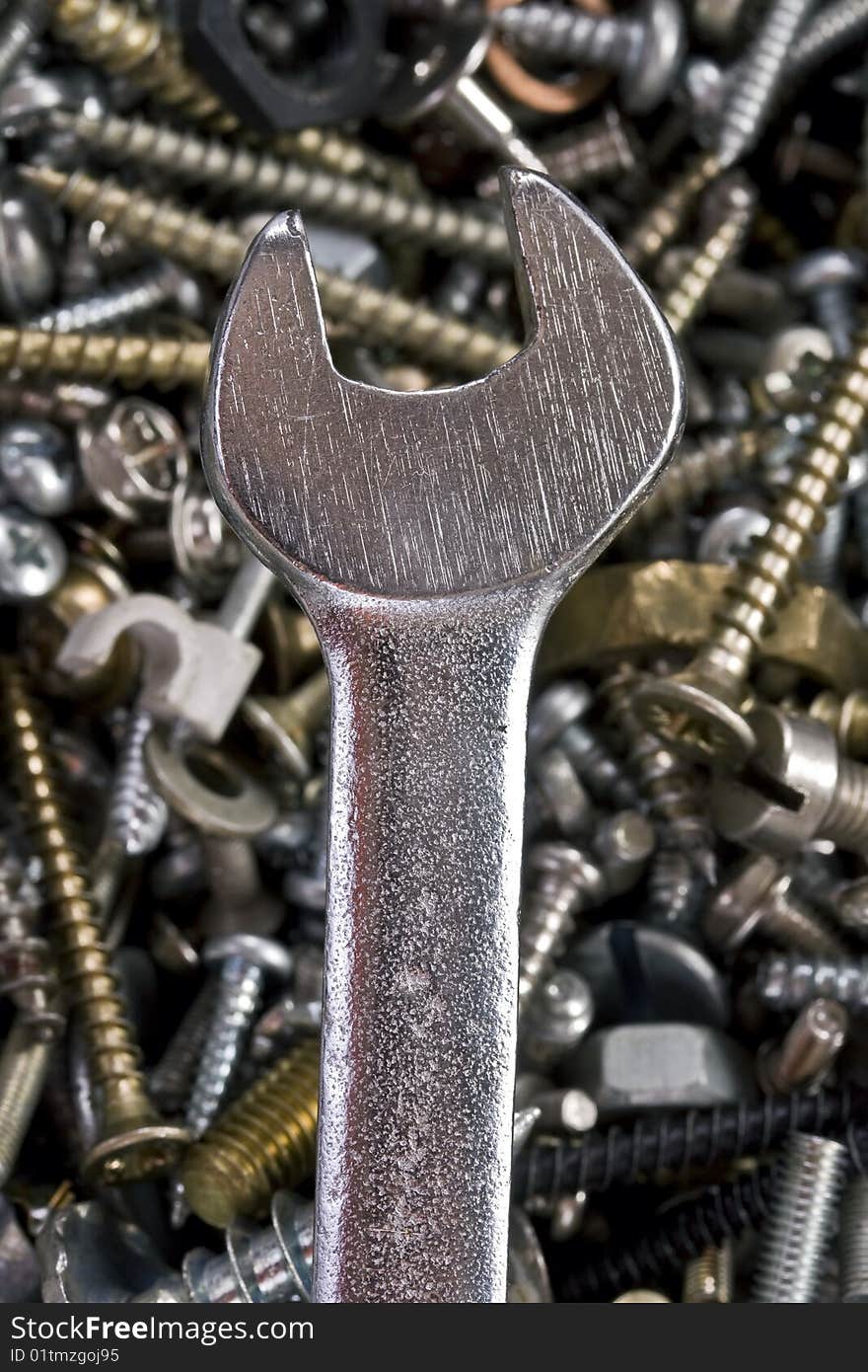 Spanner, nuts and bolts closeup