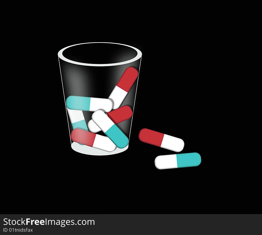 Glass with group of pills on black. Glass with group of pills on black