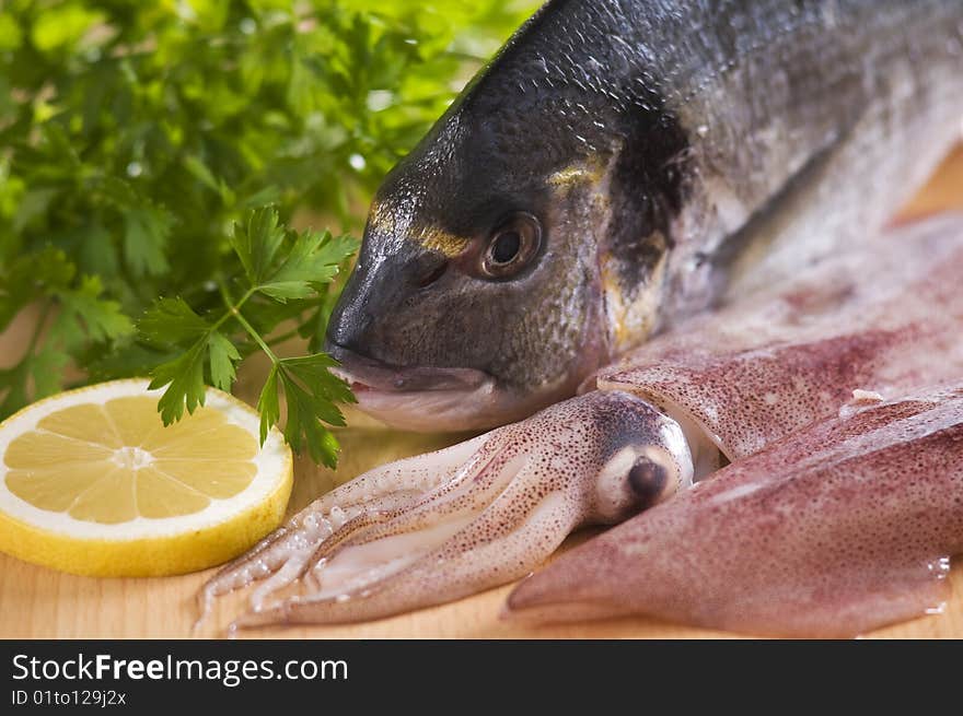 Raw gilthead and squid close up shoot. Raw gilthead and squid close up shoot