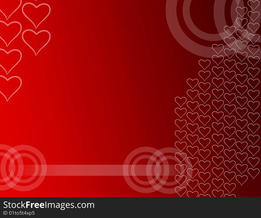 Red background with circles, hearths and lines. Abstract illustration