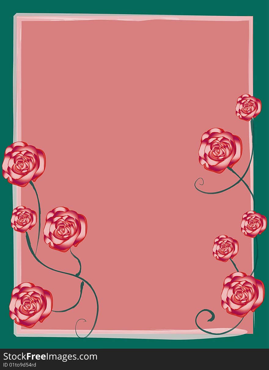 A delicate array of twisting roses frames a background in mauve and green. A delicate array of twisting roses frames a background in mauve and green.