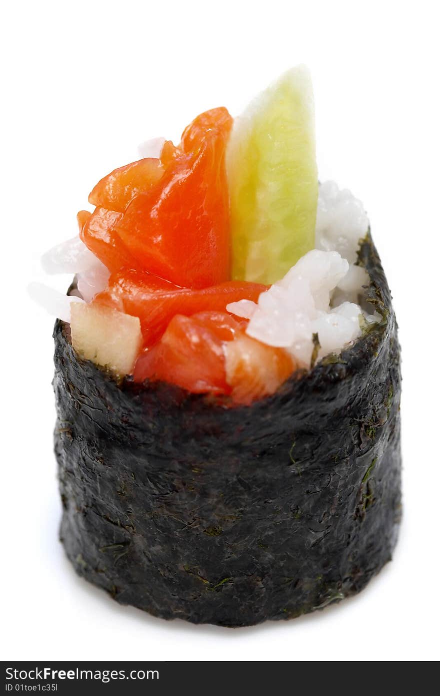 Roll with salmon and cucumber isolated over white background