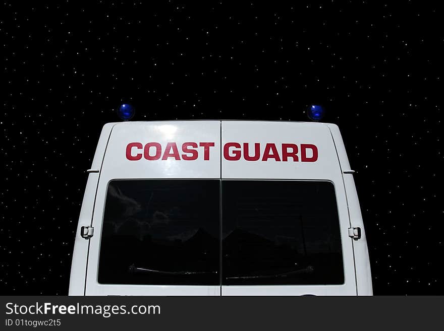 The back of a coast guard vehicle ready for rescue at night. The back of a coast guard vehicle ready for rescue at night