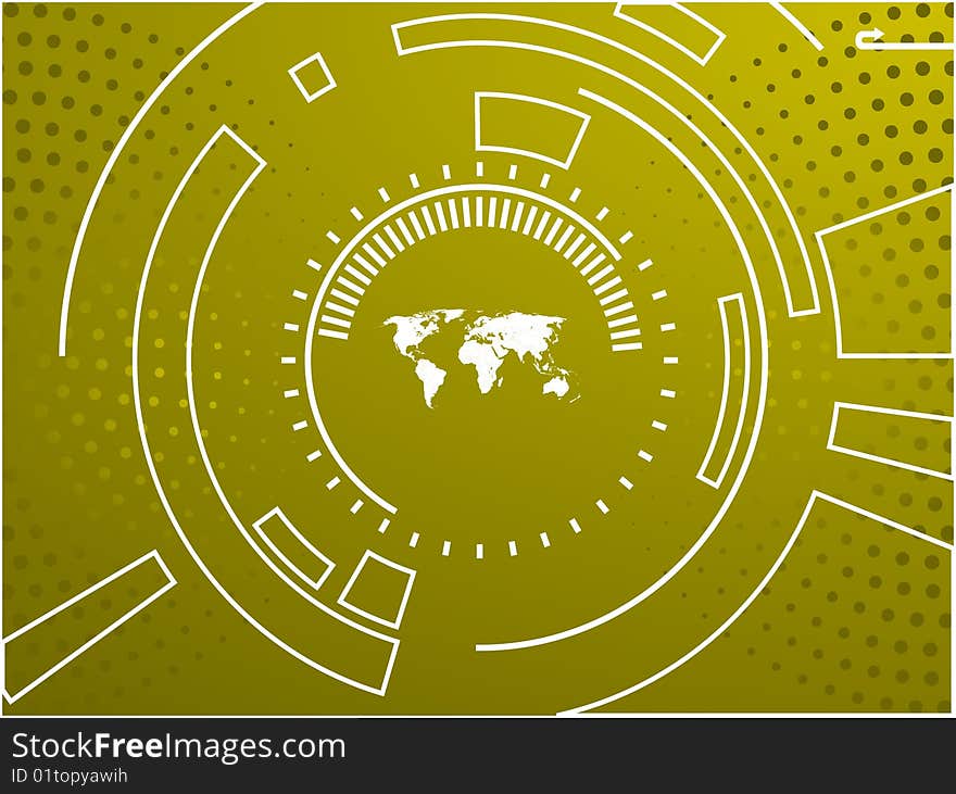 Yellow background with creative design and technological map of the world