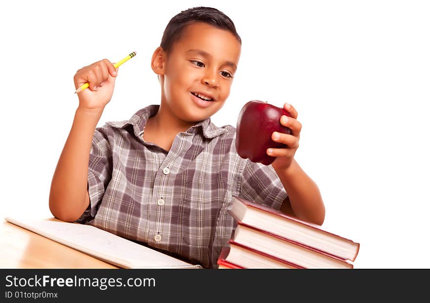 Cute Hispanic Boy with Books & Apple