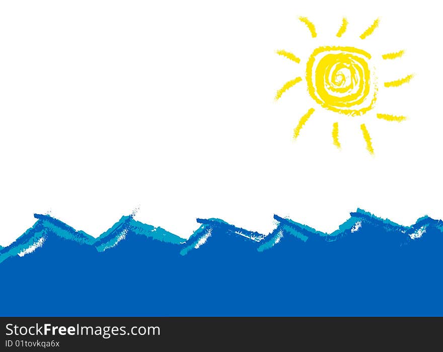 Summer sea 2D illustration, child painting stylization